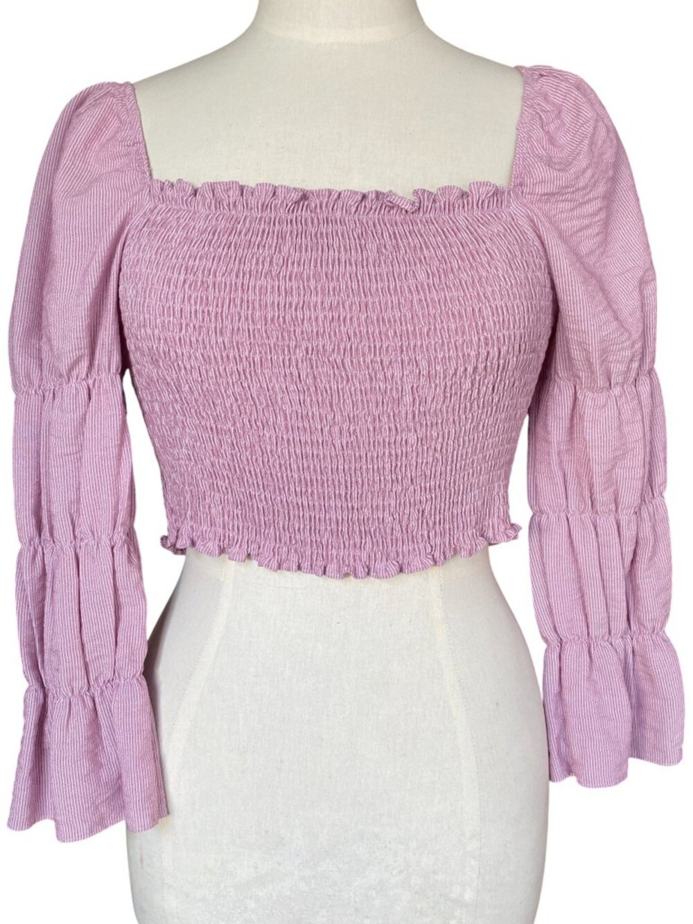 Striped Smocked Tiered Bubble Sleeve Crop Top Square Neck Coquette Milkmaid-S/M